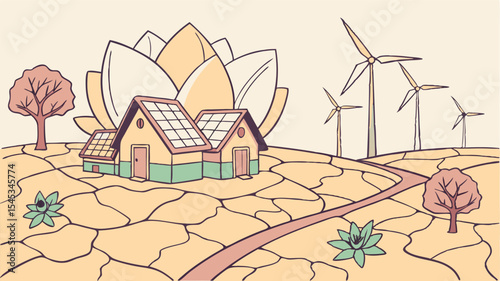 Sustainable living with solar panels on houses and wind turbines in a cracked earth landscape