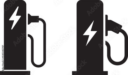 Two electric vehicle charging station icons. Simple, black and white icons depicting electric vehicle charging stations.