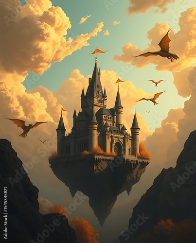 Floating castle, dragons, sunset