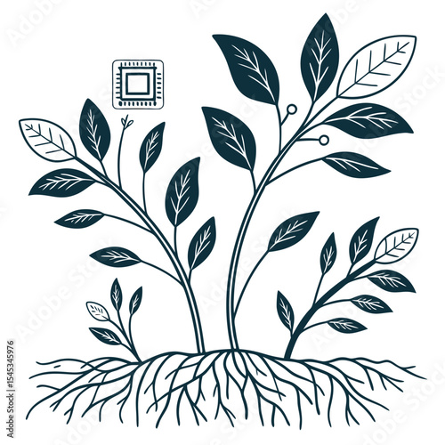 Illustration of plants with roots and leaves, alongside a microchip symbol, on a white background