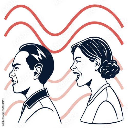 Line drawing of a man and woman in profile with sound waves above them in a minimalist style art