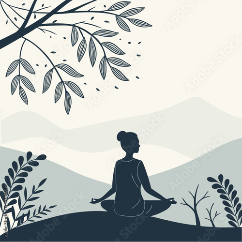 Silhouette of a woman meditating outdoors with mountains and foliage in a peaceful, zen environment