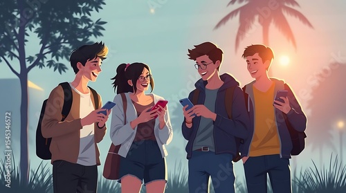 Four friends enjoying a digital moment outdoors