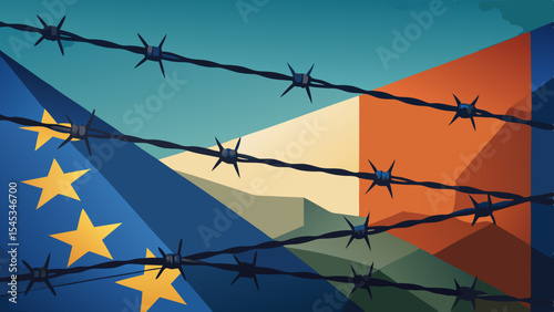 Barbed wire against a backdrop of the European Union flag  