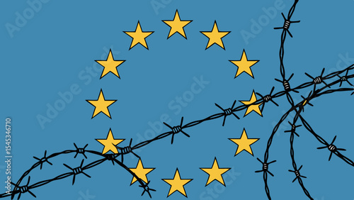 Barbed wire against a backdrop of the European Union flag  