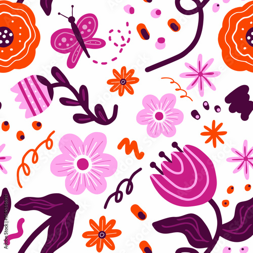 Seamless floral pattern with bold red, pink, and purple flowers and butterflies on white. Perfect for fabric, wrapping paper, spring designs, kids projects, and cheerful themes.