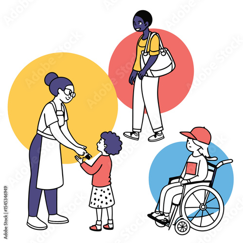 Diverse group of people including a woman handing something to a child with circles in the background