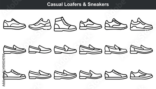 Black and White Line Drawings of Loafers Sneakers and Casual Shoes