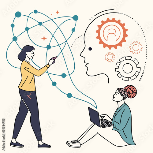 Two women collaborate on a project with network connections and a head with gears concept art