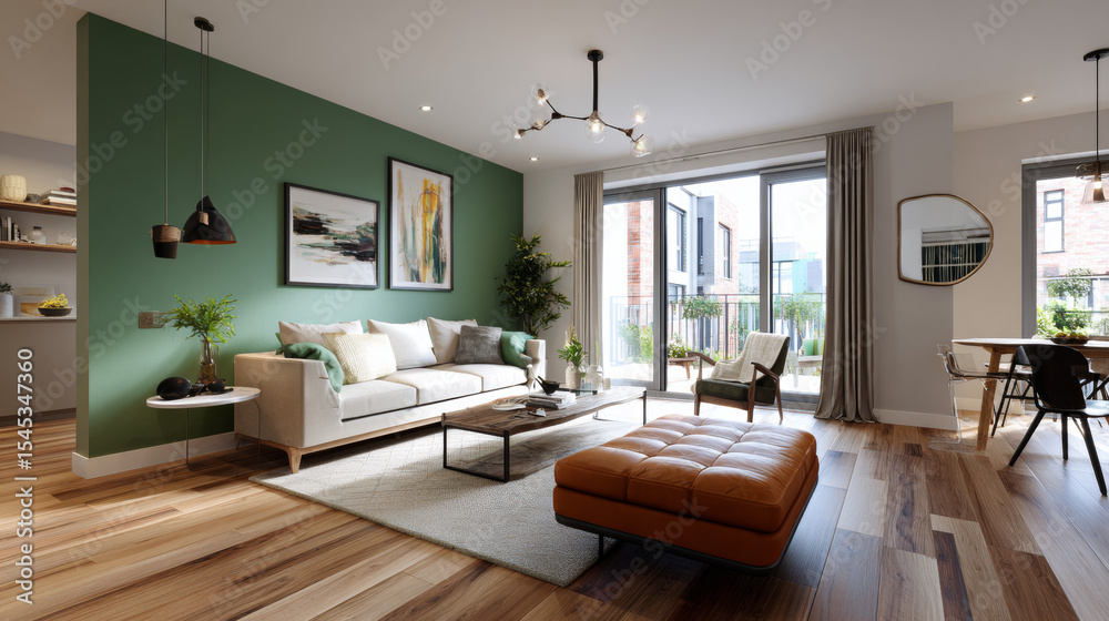 Fototapeta premium Stylish Living Room with Wooden Flooring and a Vibrant Green Feature Wall 