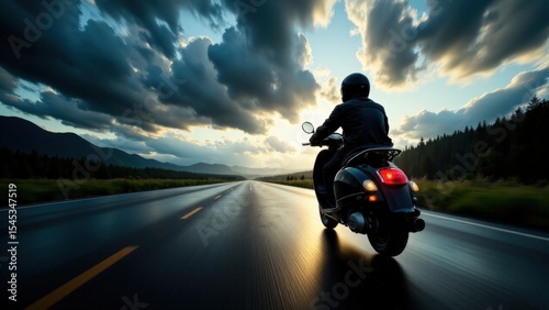 GTS riding away on a rain-soaked, endless highway at dusk, dramatic clouds and wet road reflecting the fading sunlight for a sense of freedom and adventure.