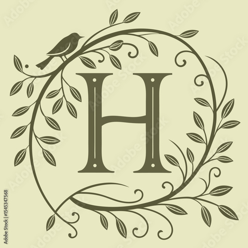 Nature Alphabet Letter H with Bird and Leaves – Botanical Monogram Design