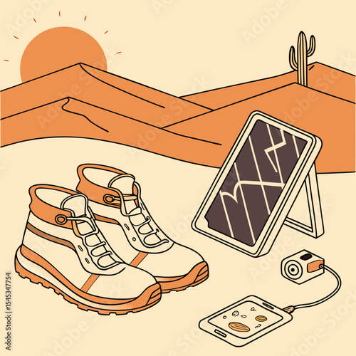 Illustration of hiking boots, solar panel, and electronics in a desert landscape with a cactus and sun