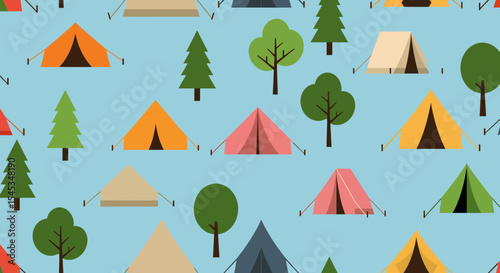 Camping Adventure Colorful Tents and Trees Pattern Design for Outdoor Fun.