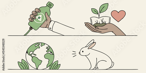 easter bunny with green grass environmental care and animal welfare icons in a minimalist line art style 