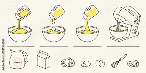 baking process steps and ingredients in a line art isolated on white background.