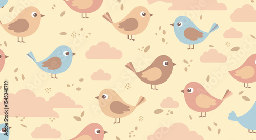 Pastel Birds and Clouds Seamless Pattern Cute Avian Design with Soft Colors.