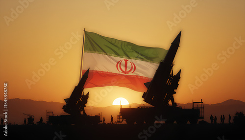 Silhouette of Iranian Ballistic Missiles Against Sunset with Flag Superimposed – Military Launch Scene