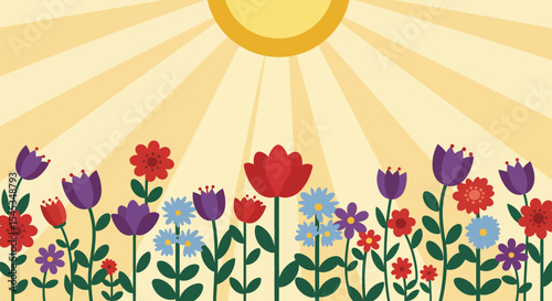 Stylized Floral Meadow with Radiant Sun Featuring Red Tulips and Purple Blooms.