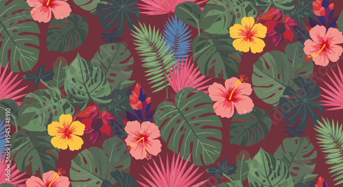 Tropical Floral Pattern with Hibiscus Flowers and Monstera Leaves on Maroon Backdrop.
