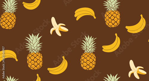 Stylized Pineapple and Banana Fruit Pattern on Brown Background.