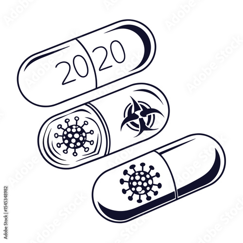Three capsules with year, biohazard and virus symbols in black and white graphic illustration