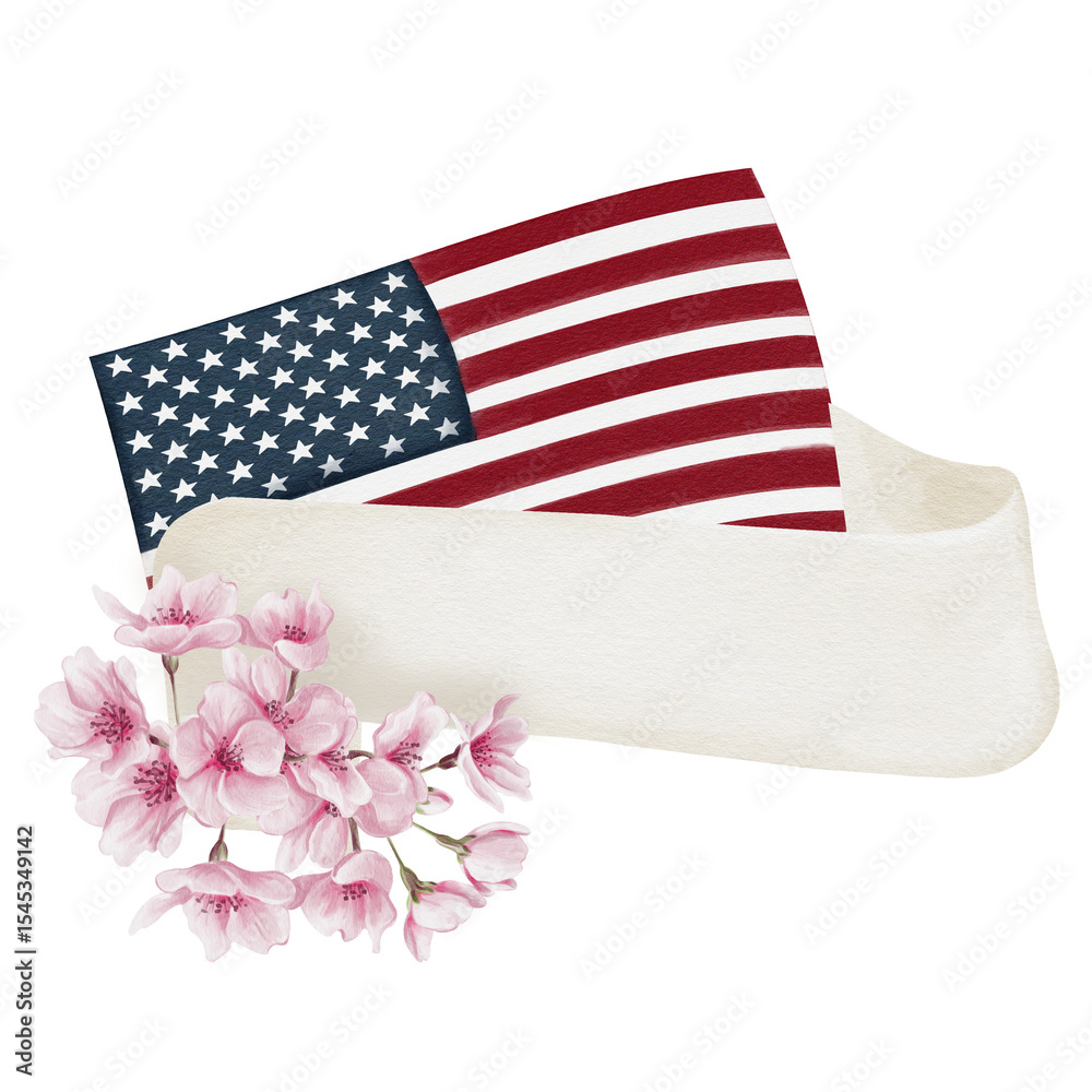 Obraz premium United States of America flag and flowers. White ribbon for text. Pink cherry blossoms. Washington D.C. Cherry Blossom Festival. Watercolor illustration. Hand drawn.