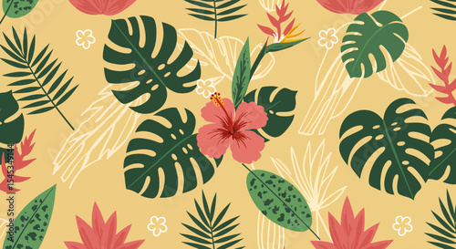 Tropical Foliage and Floral Pattern with Hibiscus Monstera and Bird of Paradise.