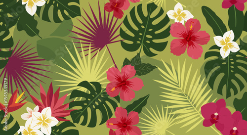 Tropical Foliage and Floral Pattern with Hibiscus Plumeria and Monstera Leaves.