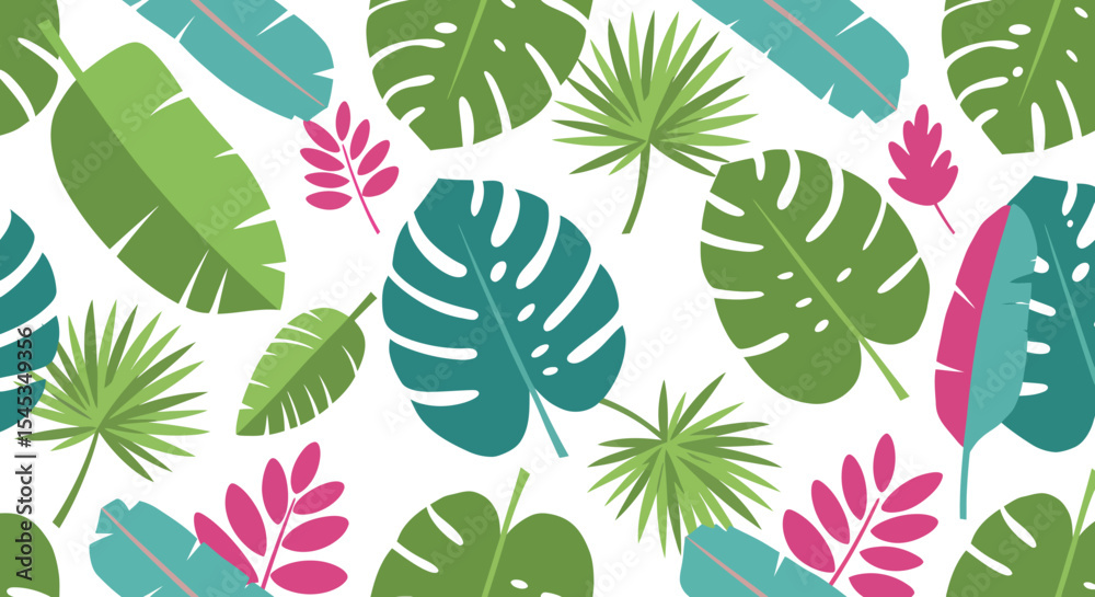 Naklejka premium Tropical Foliage Pattern Monstera Palm and Banana Leaves in Vibrant Green Teal and Pink.