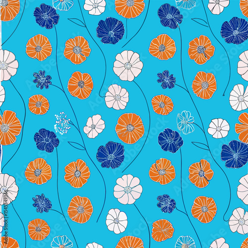 Vibrant floral seamless pattern featuring orange blue and white flowers on turquoise background