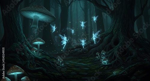 Magical forest scene with fairies dancing in the mystical woods. 