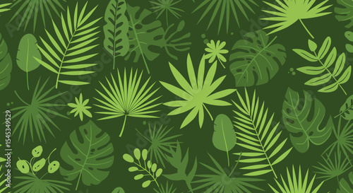 Tropical foliage pattern with monstera palm and fern leaves in shades of green.