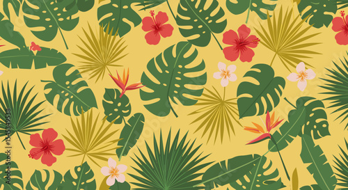 Tropical Foliage Pattern with Hibiscus Plumeria Bird of Paradise and Palm Leaves.