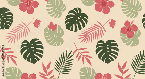 Tropical Pattern with Hibiscus Flowers and Monstera Leaves in Earthy Tones.