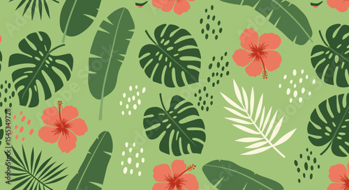Tropical Pattern with Hibiscus Flowers Monstera Leaves Palm Fronds and Abstract Dots.