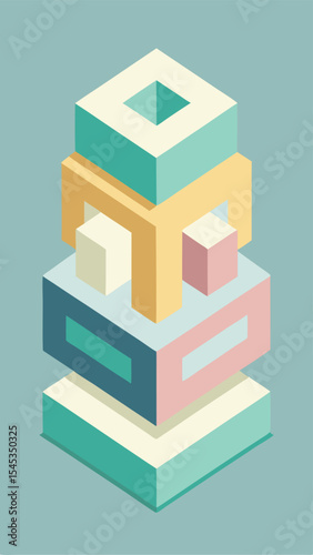Geometric isometric cubes stacked in pastel colors with architectural abstract design