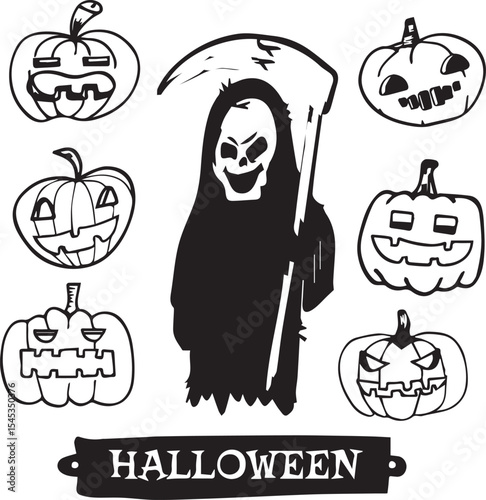 Halloween pumpkin icon set with spooky faces and festive autumn elements
