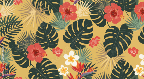 Vibrant tropical pattern with hibiscus monstera leaves and bird of paradise flowers.