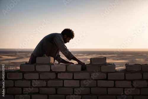 Construction worker building a brick wall in a desert landscape during sunset hours