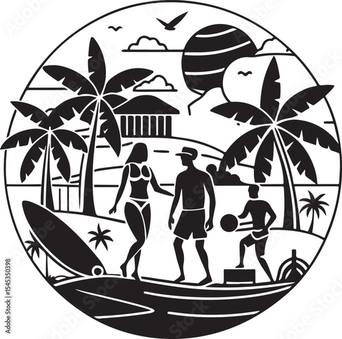 Tropical summer vacation with family relaxing on a sunny beach under a palm tree
