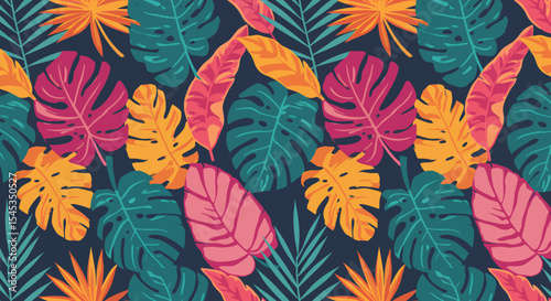Vivid Tropical Foliage Pattern with Monstera Palm and Banana Leaves.