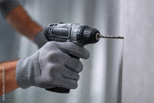 Person using a drill to install fixtures in a gray wall during a home improvement project