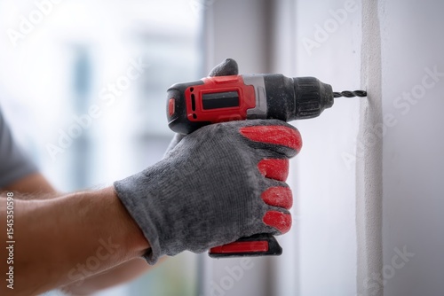 Hand using cordless drill to create hole in wall for installation or repair works in a modern indoor setting