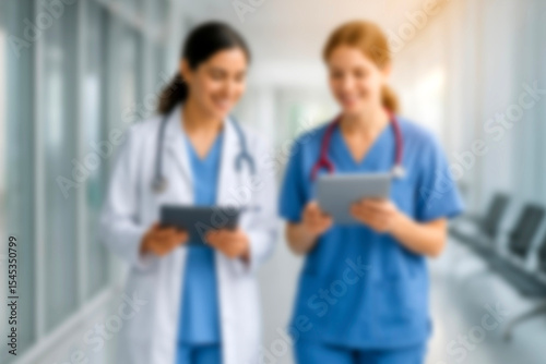 blurred for background. blurred figures of doctors and nurses in a hospital corridor. Doctors and nurses walking in hospital hallway. blurred motion. Moving human figure in the clinic corridor