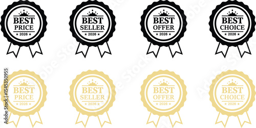 Eight award badges displaying best, price, seller, offer, and choice in black and beige vector illustartion
