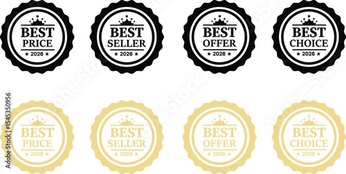 Eight award badges displaying best, price, seller, offer, and choice in black and beige vector illustartion