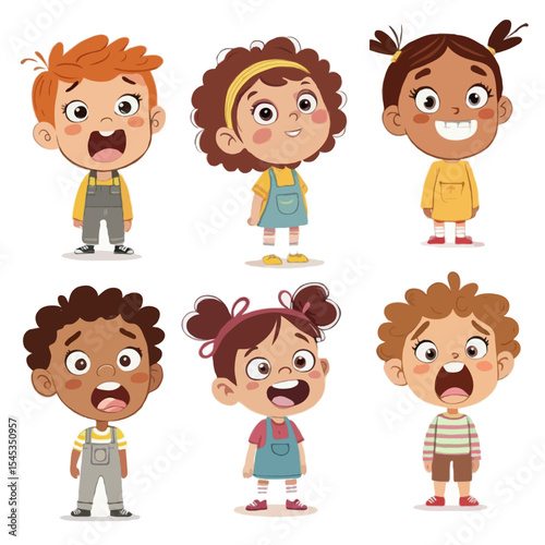 "Set of vector illustrations of cartoon children showing different emotions: happy, sad, angry, scared, surprised, excited, child-friendly style, bold outlines, bright colors"
