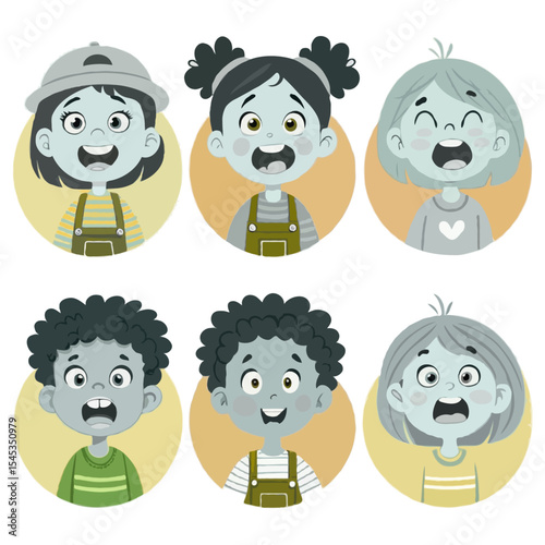 "Set of vector illustrations of cartoon children showing different emotions: happy, sad, angry, scared, surprised, excited, child-friendly style, bold outlines, bright colors"
