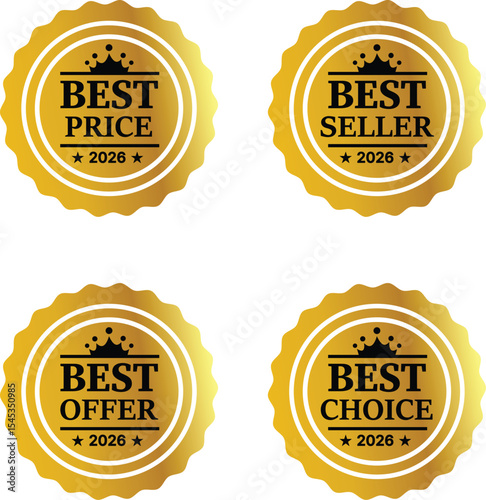 Four golden seals showing best, price, seller, offer, and choice, for year badge vector illustartion